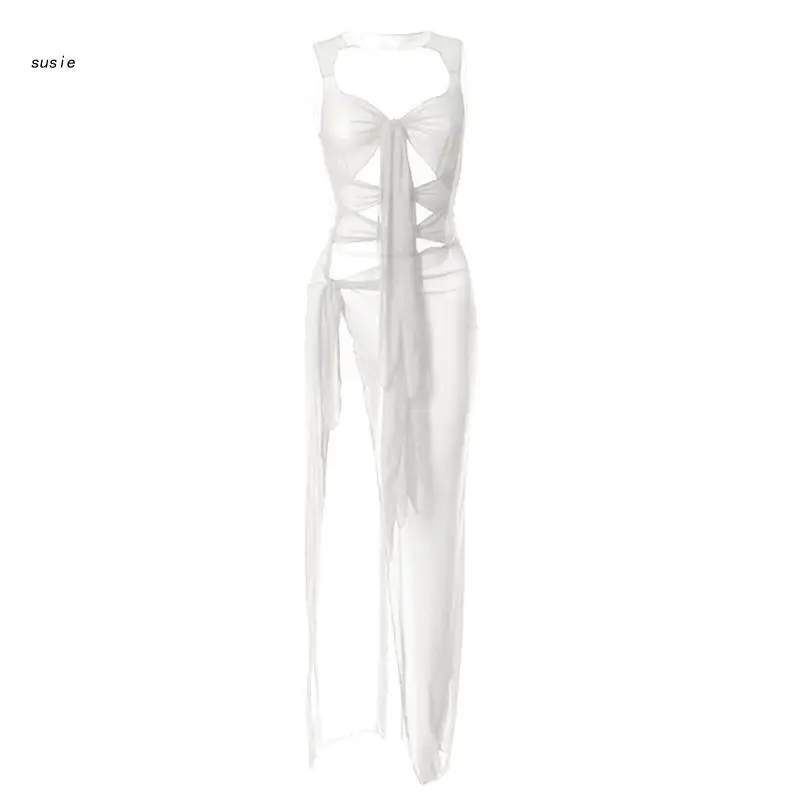 Womens Swimsuit Cover Up Sheer Mesh Sleeveless Cut Out Tie-Knot Split Long Dress