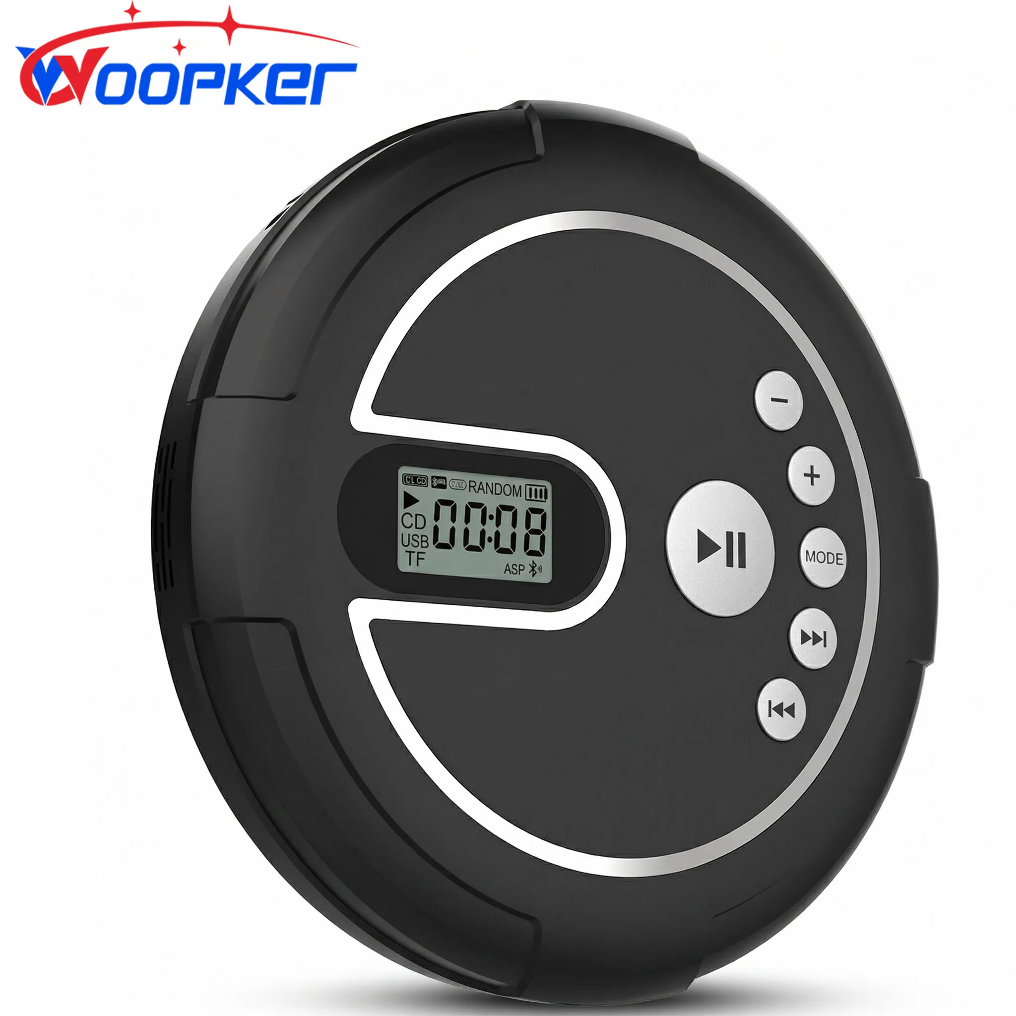 

Портативный CD-плеер Woopker со встроенным стереодинамиком, двусторонним Bluetooth, FM-радио, перезаряжаемый, MP3/USB/TF, для автомобиля и домашнего использования