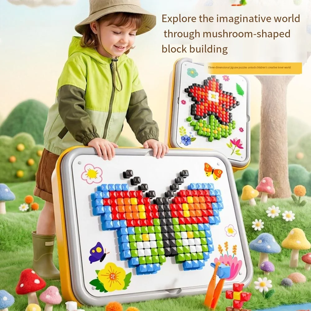 3D Mushroom Nail Puzzle Toy Creative DIY Early Educational Pegboard Building Toy with Storage Box Hot Selling Item