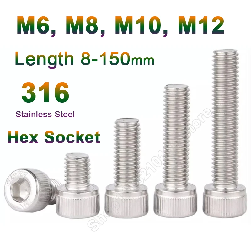 2-5pcs DIN912 Allen Head Screw 316 Stainless Steel M6 M8 M10 M12 Hexagon Socket Head Cap Screws Hex Socket Screw Bolt L=8-150mm