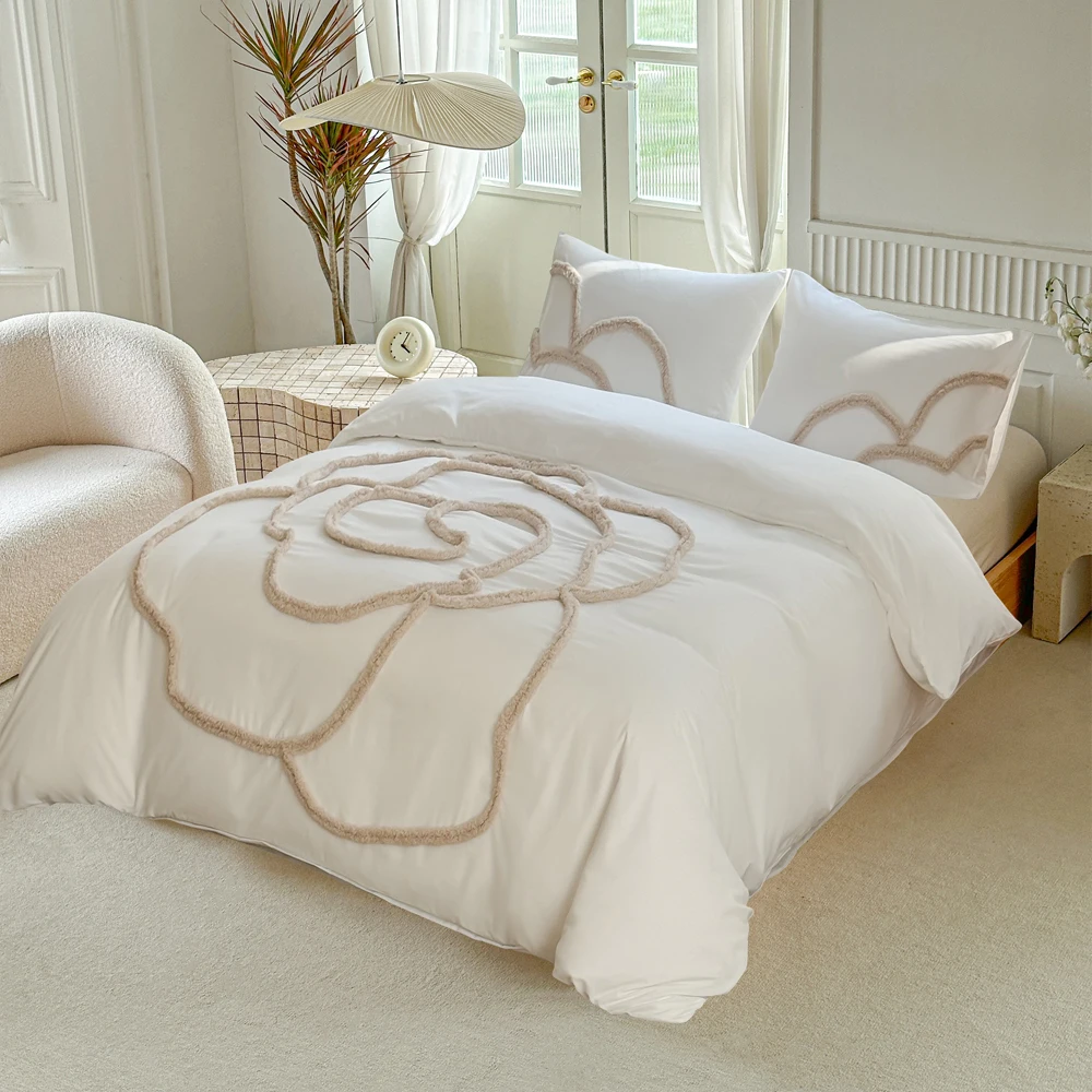 Tufted 3D Rose Floral Duvet Cover+Pillowcase Set White Tufting Bedding Set No Sheet US FUll Home Wedding Linens Drop Shipping