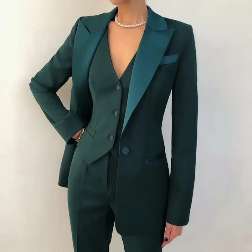 Green Peak Lapel Women Suits 3 Piece Solid One Button Daily Office Lady Casual Outfits Fashion Pants Sets (Blazer+Vest+Pants)