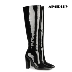 Women's Black Patent Pointed Toe Knee High Boots Block Heel Winter Fashion Footwear