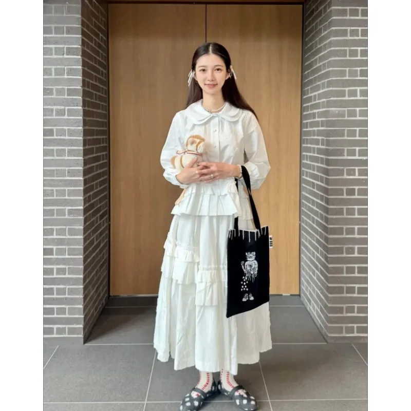 

2026 Spring Autumn New Doll Collar Long Sleeve Bow Embroidered Shirt Sweet Girls Versatile Blouse White Single-breasted Top