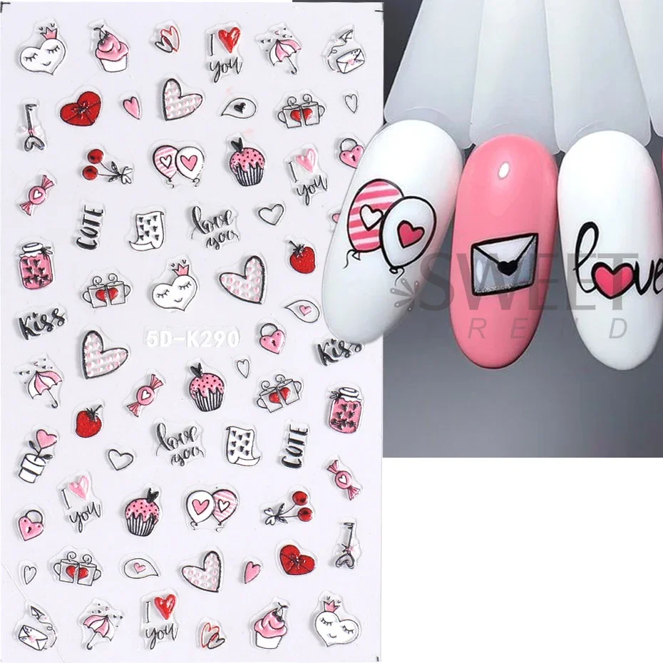 5D Cute Valentine adesivi per unghie in rilievo Cartoon Panda coccinella bambola cuore rosso lettera ti amo cursore inciso Manicure Decor