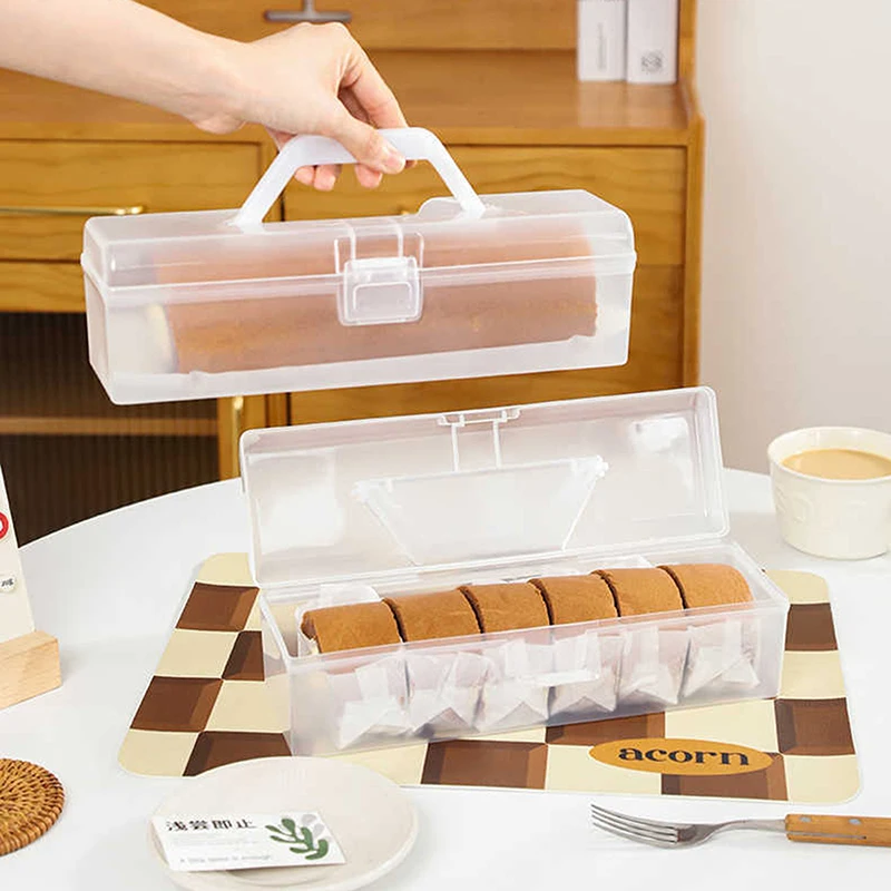 New Bread Box With Handle Reusable Plastic Bread Container Toast Holder Pastry Organizer Swiss Roll Storage Box For Fridge Home