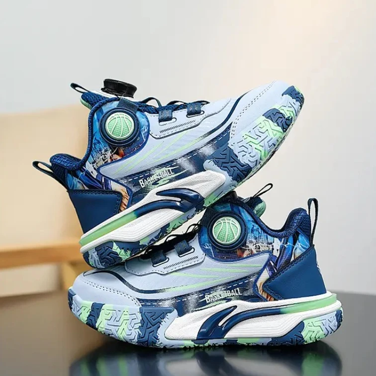 

Детские баскетбольные кроссовки для мальчиков, водонепроницаемые, с кожаной поверхностью, с вращающейся пряжкой, противоскользящие и амортизирующие детские кроссовки