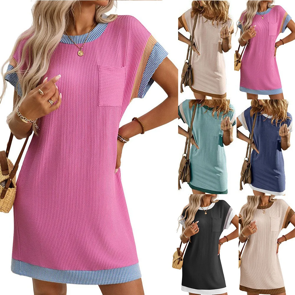 

2025 New Women's Clothing Summer Casual Color Contrast Twist Strip Short Sleeve Pocket Dress Europe and America