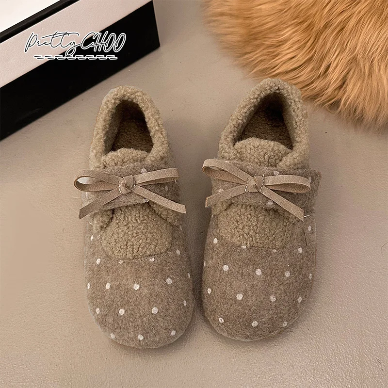 Wool Felt Thick Plush Loafer Shoes Woman Winter Warm Teddy Fur Short Boots Ladies Bowknot Design Polka Dot Lambswool Flat Shoes