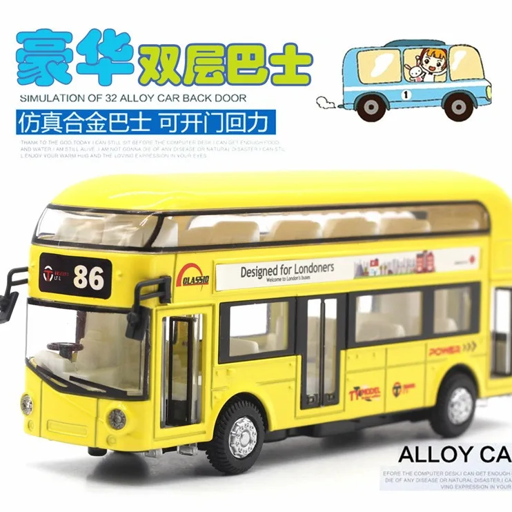 Ônibus turístico de camada dupla de liga, ônibus com ar condicionado, modelo de ônibus urbano, carro de brinquedo infantil com som e luz