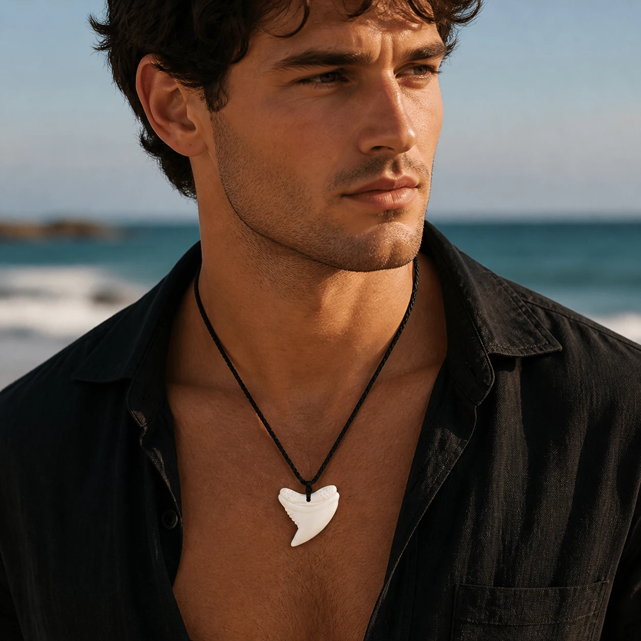 GX047 New Zealand Maori Primitive tribes jewelry handmade-carved Shark teeth pendant necklace yak bone Choker for surfing