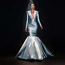 Silver Blue Prom Party Dress Coat Style Mermaid Maxi Dresses for Women Turn Down Collar Arabic Prom Gowns with Sleeveless