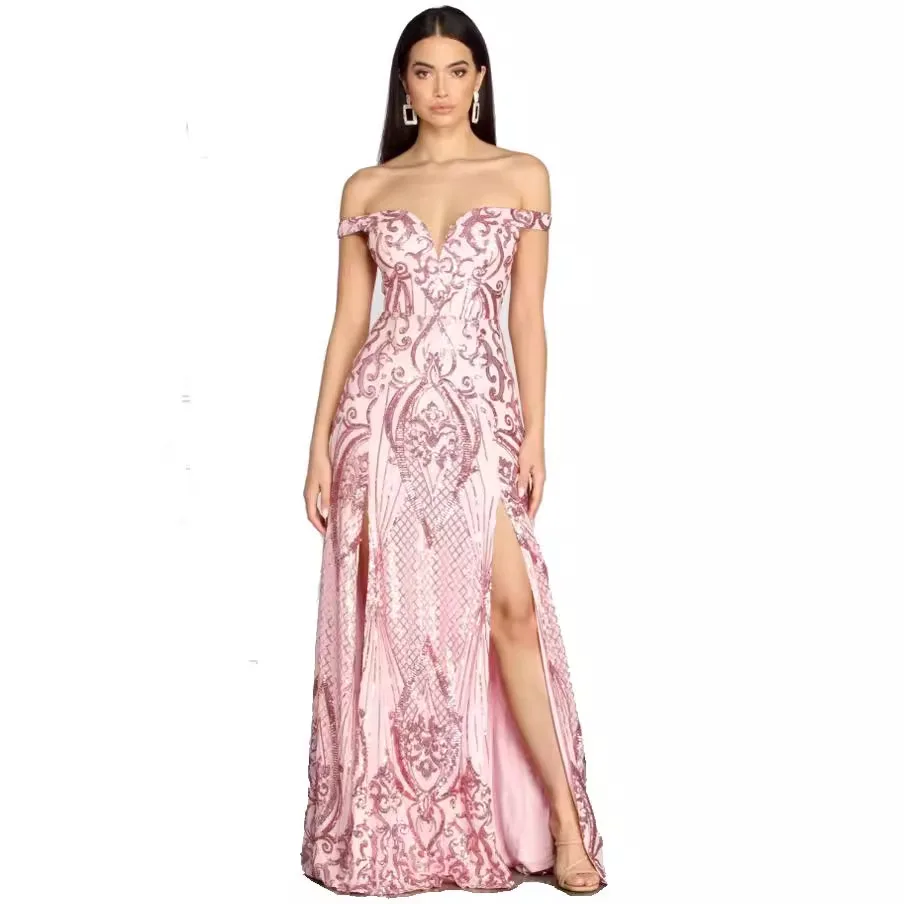 Spring and Summer New Ladies Sequined Women\'s Party Dress Club Sequined Dress Party Split V-neck One-shoulder Dress Vestido