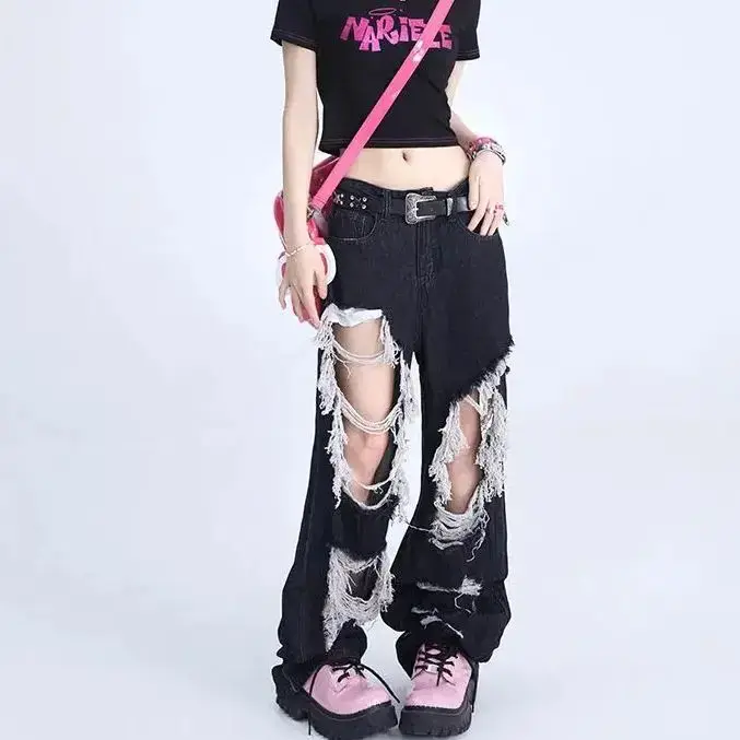 

Jeans Ripped Black High Waist Gothic Vintage Korean Fashion Women'S Y2k Streetwear Pants Harajuku Casual Wide Leg Denim Trousers