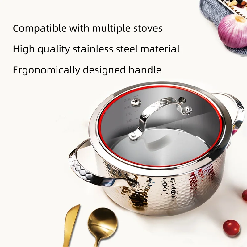 Marmite à Soupe en Acier Inoxydable à Double Oreille, Cuisinière à Induction Multifonction et Compatible Multi-Poêle, Marmite à Ragoût avec Couvercle