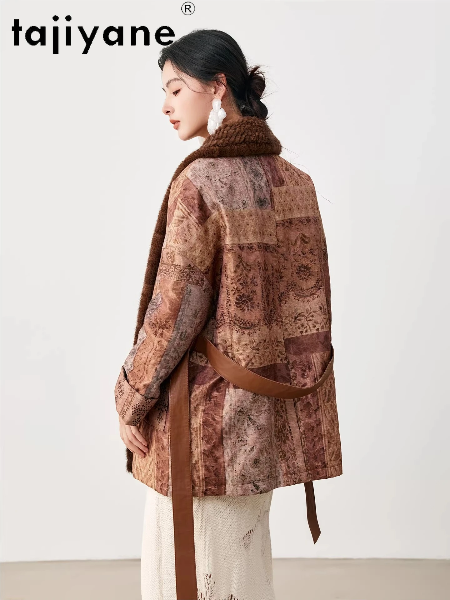 타지야네 90% 거위털 코트 여성 밍크 퍼 칼라 패딩 재킷 우아한 자카드 벨트 코트 2025 겨울 여성 의류
