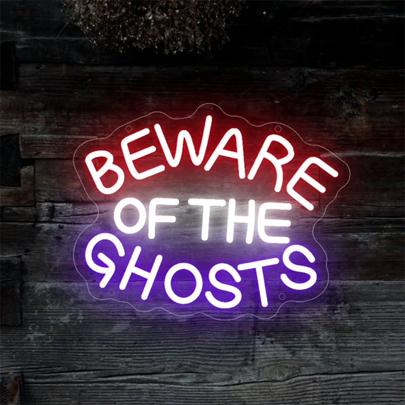 Beware Of The Ghosts Neon LED Sign Halloween Gothic Home & Yard Kid Room Decor Spooky Party Lighting Usb Powered Neon Sign Light