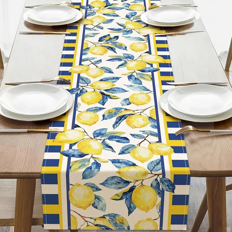Camino de mesa con estampado de hojas de limón en acuarela, borde de rayas azules y amarillas, decoración de mesa, ropa de mujer