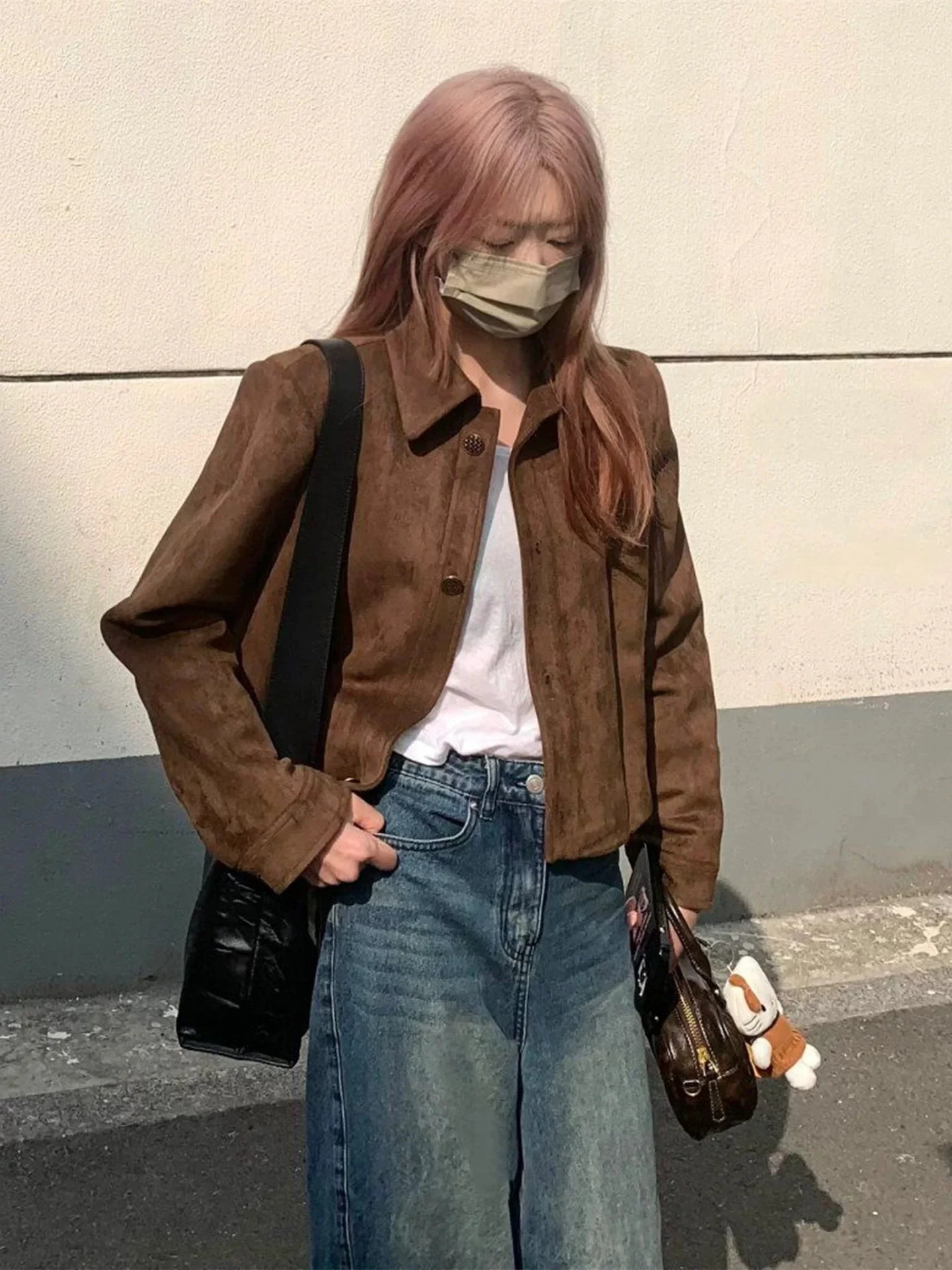 

Caramel Suede ort Jaet Women's Loose Casual American Retro Biker Sle Spring Autumn Korean Faion Warm Outerwear