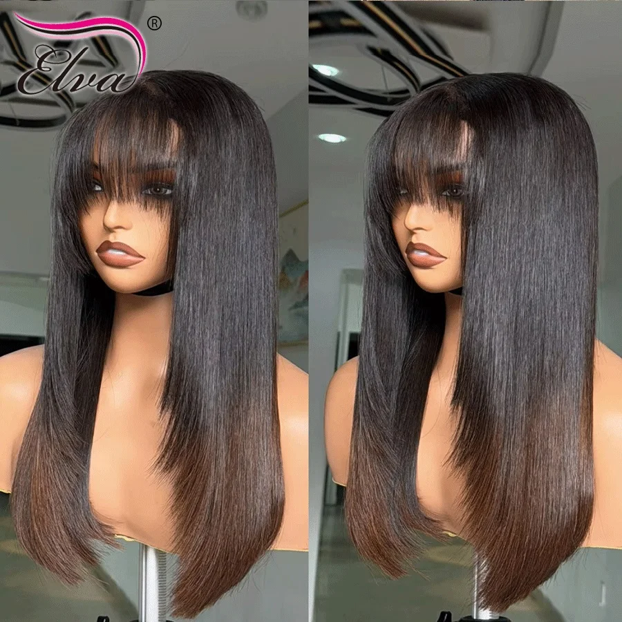 

Real HD Lace Wig Double Drawn 2X6 Kim K Closure Fringe Layered Bob Wig Human Hair Ombre Black Brown 13X6 Frontal Glueless Wigs