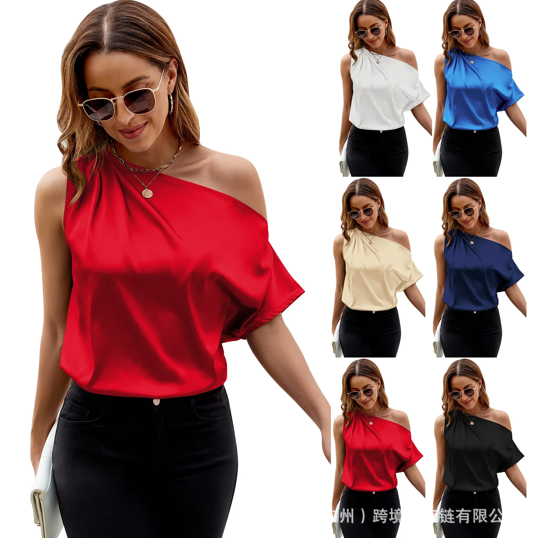 2024 Summer Women\'s Top Bat Sleeve Off Shoulder Satin Shirt Female Solid Color Vest Sloping Shoulder Top Women\'s Summer Blouse