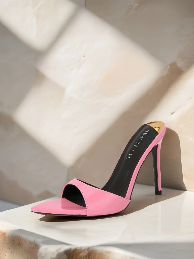 Half slipper women's patent leather green new pointed high-heeled shoes with a slim heel, versatile and simple sandals