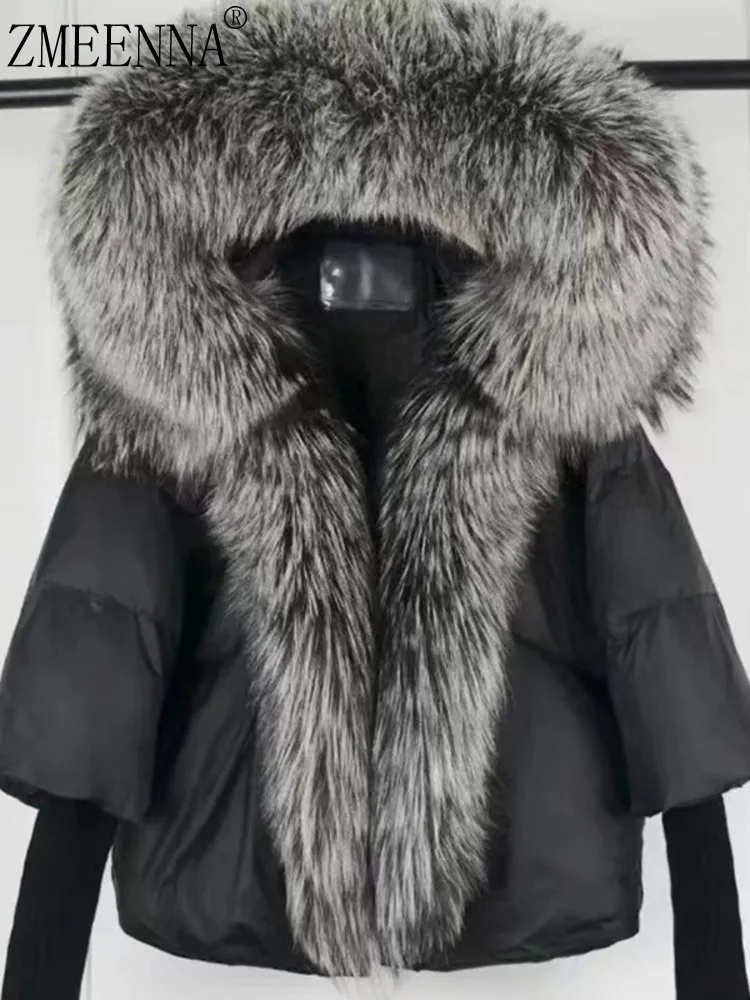 

ZMEENNA Womens Black Down Puffer Jacket Oversized Silver Fur Trim Hooded Crop Coat Winter Warm Knitted Cuff Luxury ZM4568