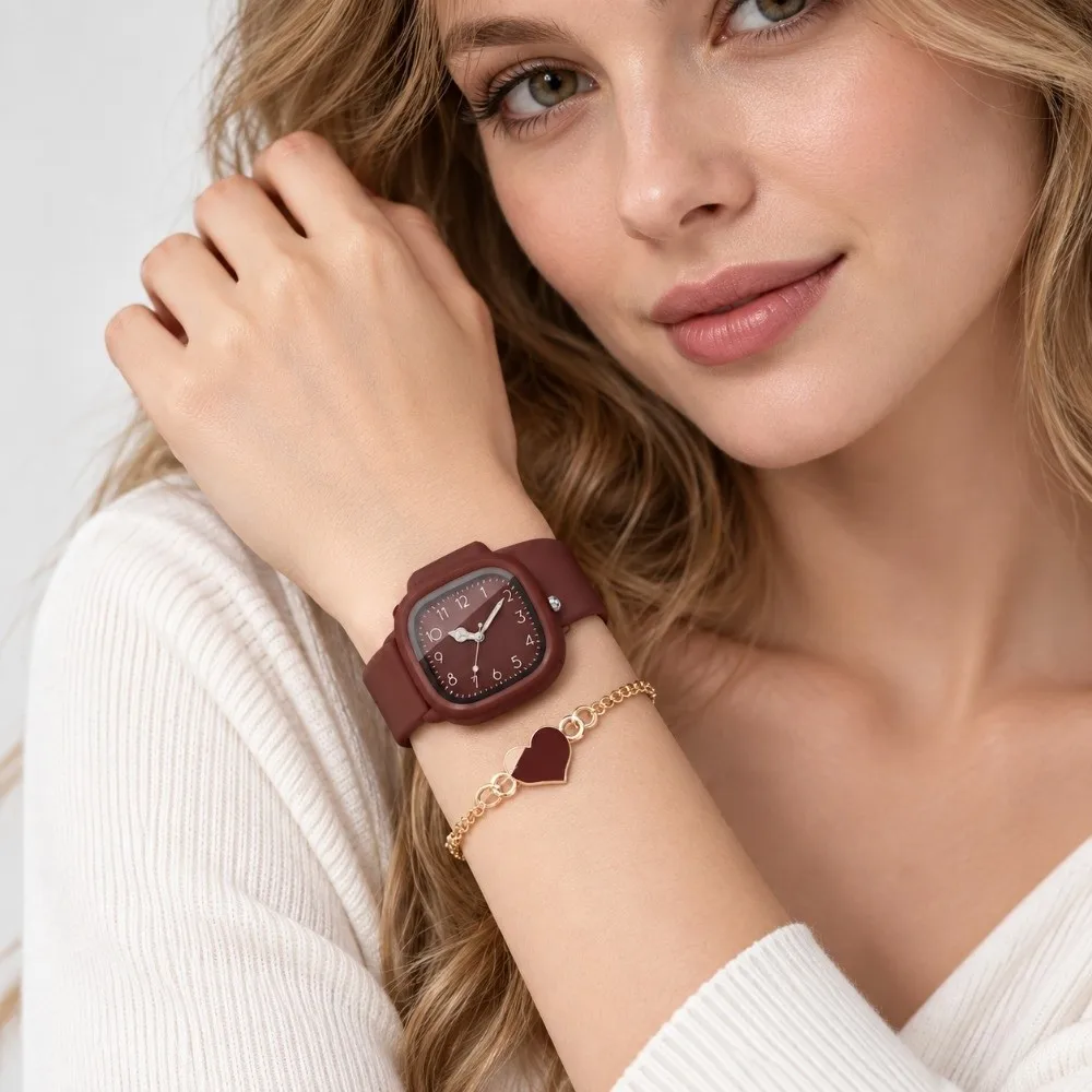 2PCS/Set Square Dial Women Quartz Watch Quartz Movement Silicone Strap Arabic Dial Watch Heart Bracelet Women Watch Women Girl