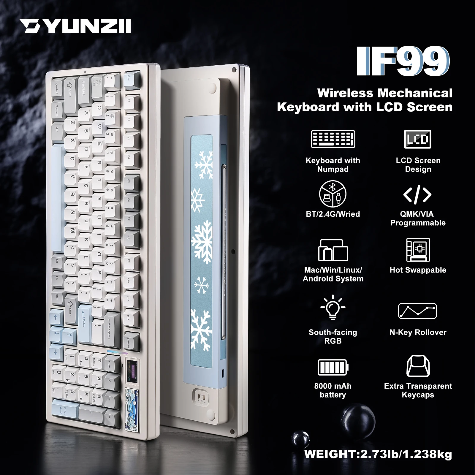 YUNZII IF99 White Wireless Mechanical Gaming Keyboard with Smart LCD Display, QMK/VIA Custom Gasket Hot Swap RGB 96% Keyboard