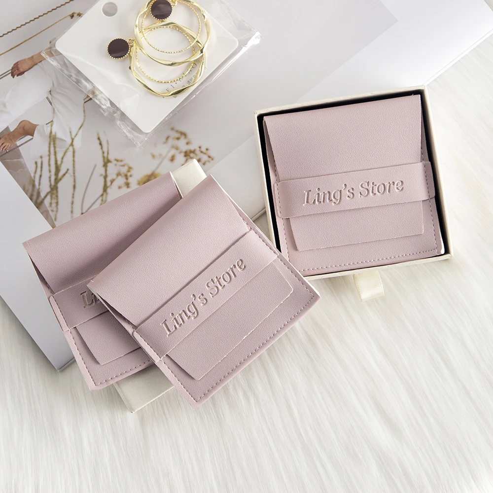 Custom Logo Cute 8x8cm Purple Leather Jewelry Gift Bag Personalized Portable Travel Pouch Rings Earrings Key Coin Card Organizer