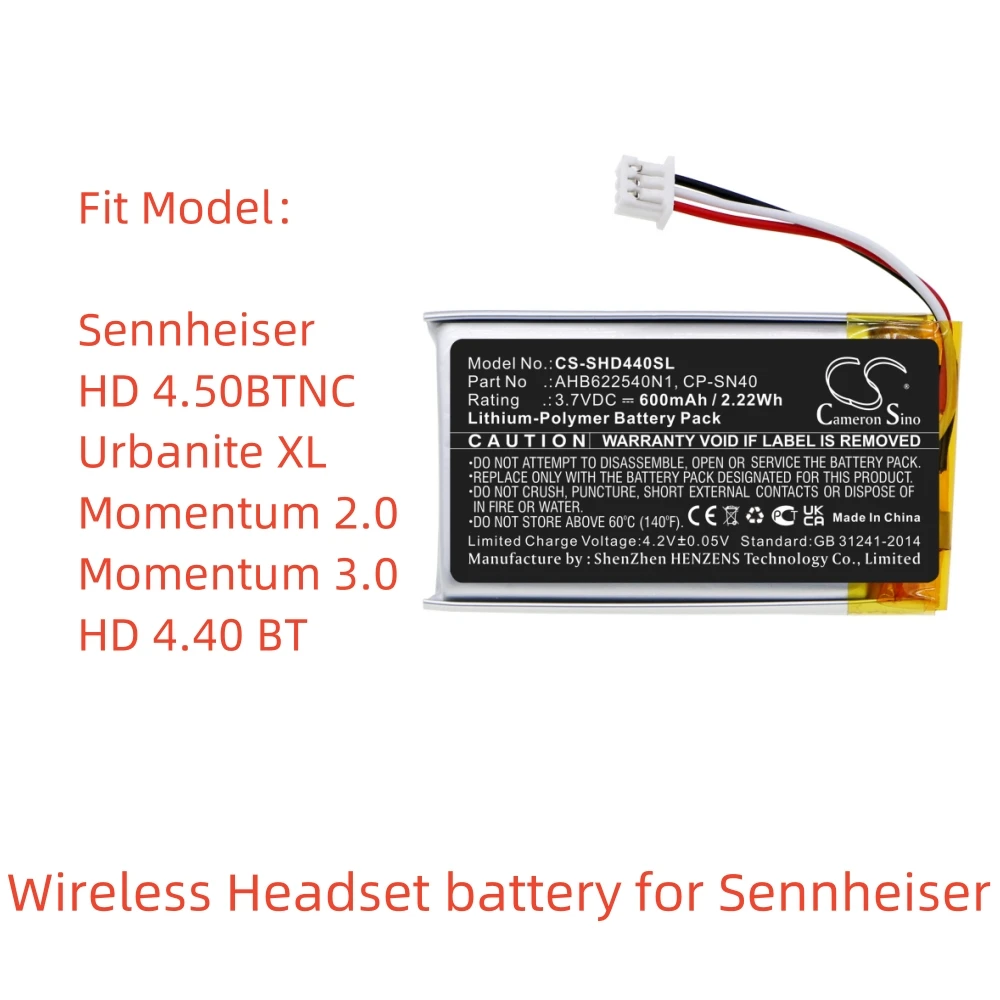 

Li-Polymer Wireless Headset battery for Sennheiser,3.7v,600mAh,HD 4.50BTNC Urbanite XL Momentum 2.0 Momentum 3.0 HD 4.40 BT