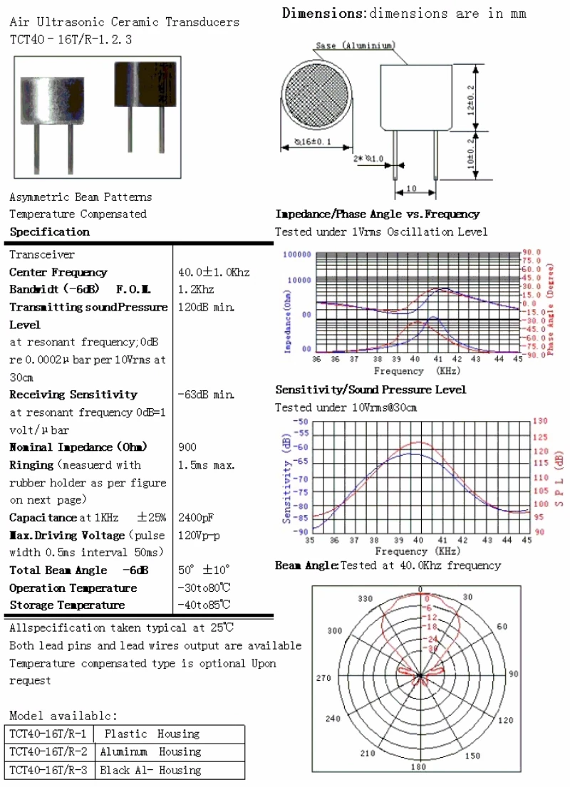 10pcs TCT40 16mm  40KHZ TCT40-16T/R RT Split Ultrasonic Transceiver Probe Receives And Transmits 40Khz Ultrasonic Sensor 16MM