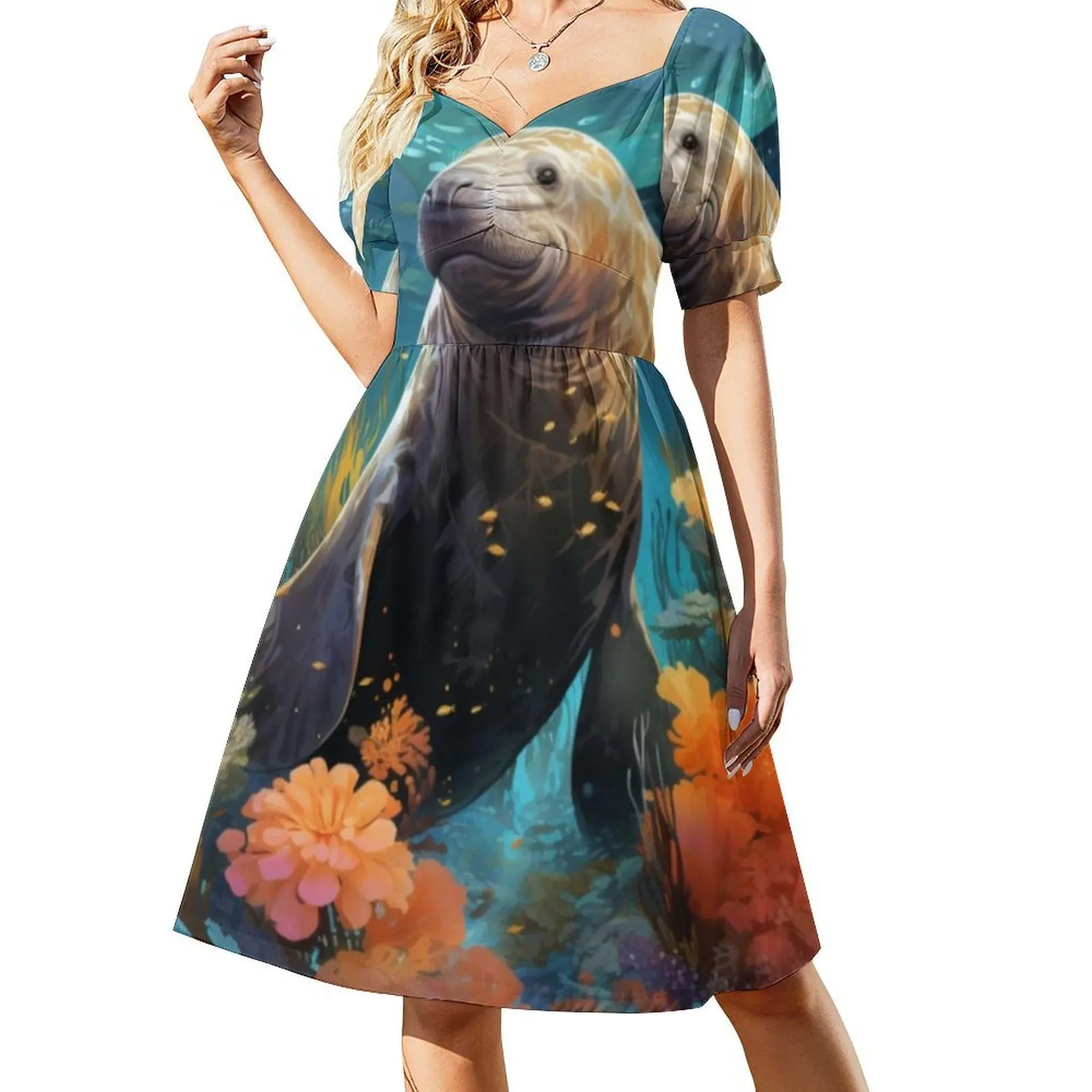 فستان خروف البحر السعيد اللطيف في المحيط مع زهور على شكل قلب فستان أنيق للحفلات الصيفية للنساء حيوان خروف البحر #2