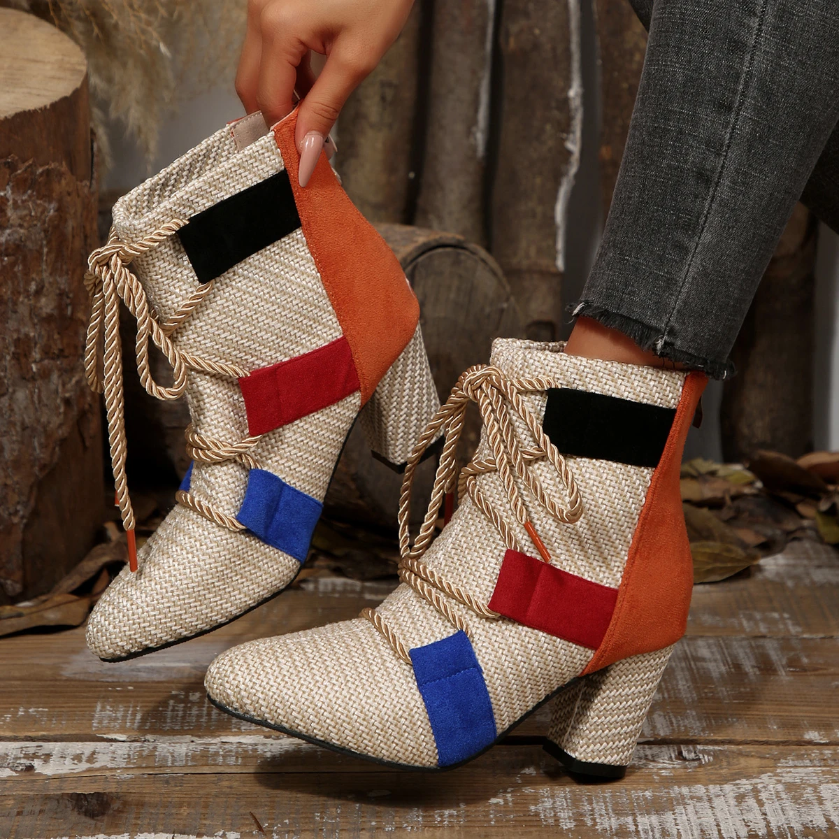 

2025 Korean Fashion High-heeled Pointed Short Boots Spring and Autumn Color Matching Belt Design Plus Size Fashion Boots