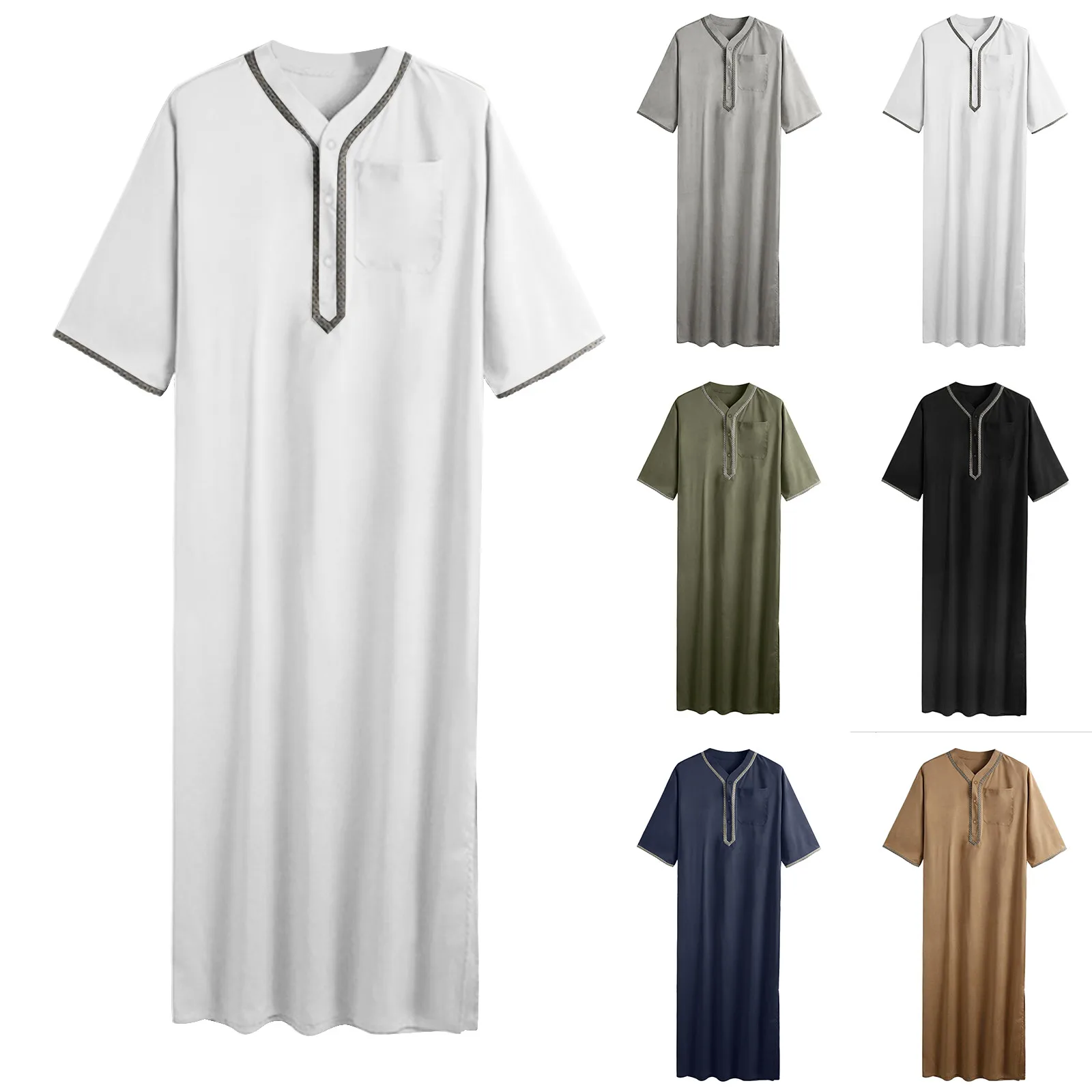 Juba Thobe Muçulmano de Botão Monocromático Masculino, Manto Médio, Gola de Stand, Kaftan Islâmico, Abaya para Homens Muçulmanos, Saudita e Árabe