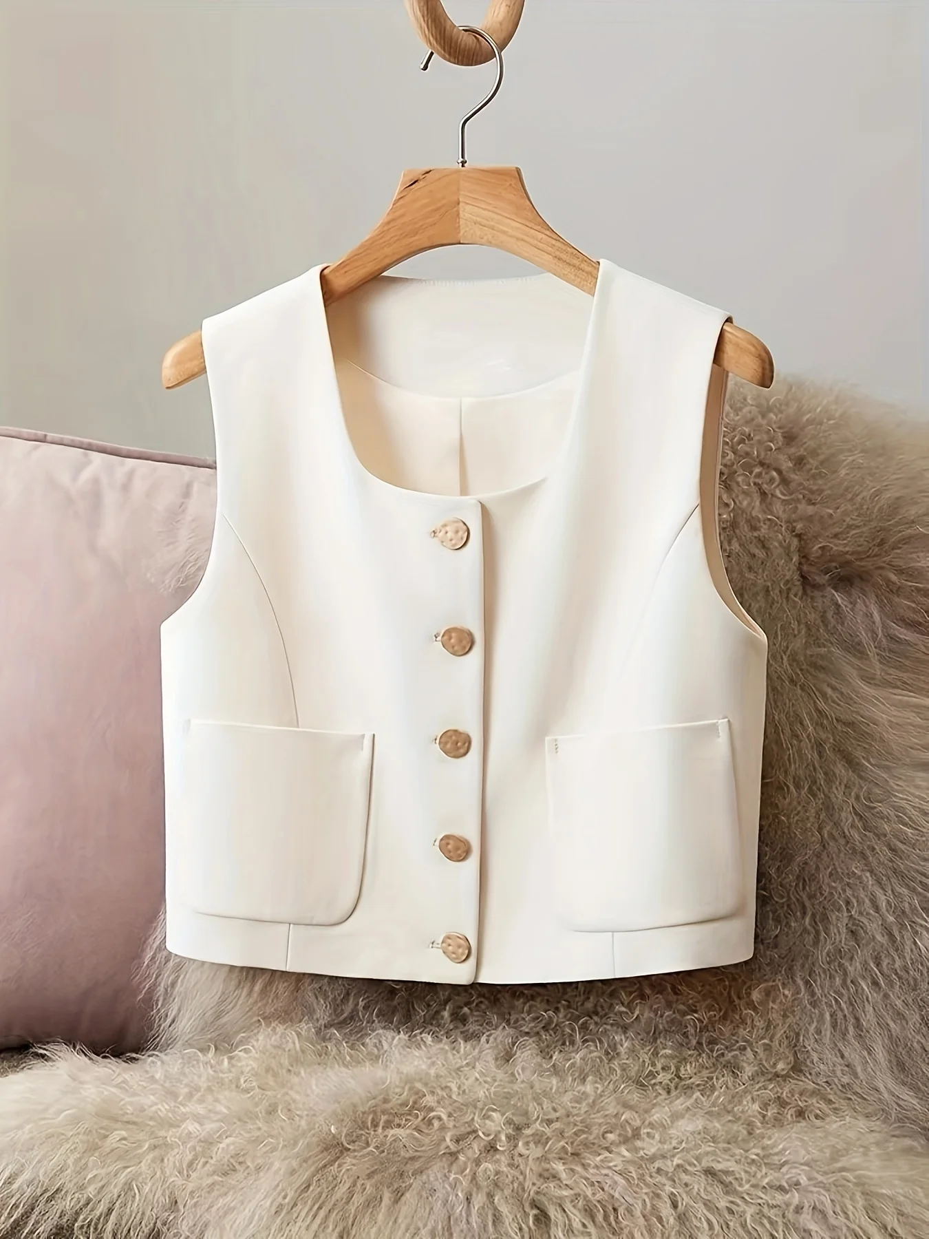 Vintage Spring Summer Suit Waistcoat Elegant Women's Short Sleeveless Small Coat Simple Button Casual Solid Color Waistcoat New