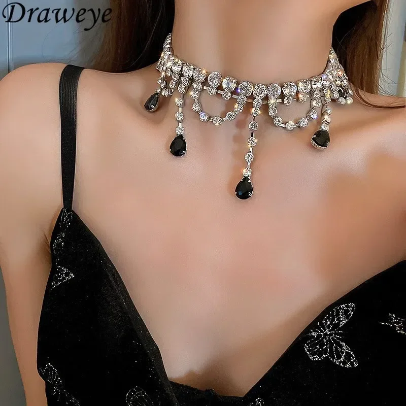 Draweye Water Drop Necklace for Women Korean Fashion Zircon Evening Party Jewelry Chokers Sweet Rhinestone Collares Para Mujer