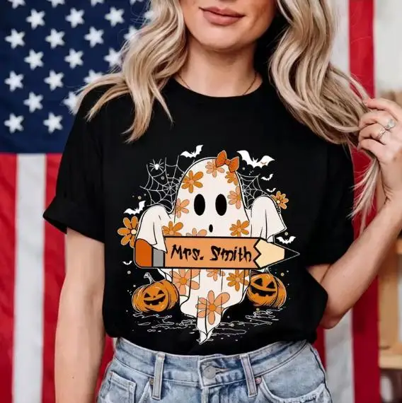 Halloween Teacher Shirt Cute Ghost Pumpkin Floral Printed Tee Casual Short Sleeve Teacher Gift