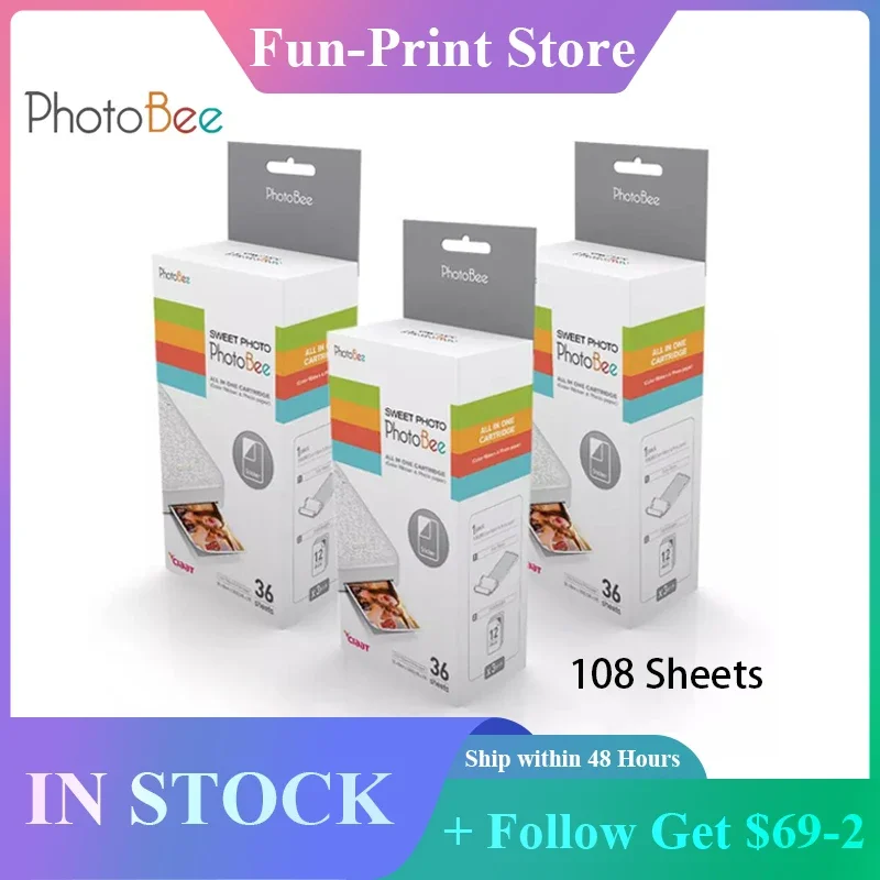 

PHOTOBEE Sticker Photo Paper 108 Sheets All-in-one Cartridge for PhotoBee Photo Printer Inkless Printing Android IOS Print