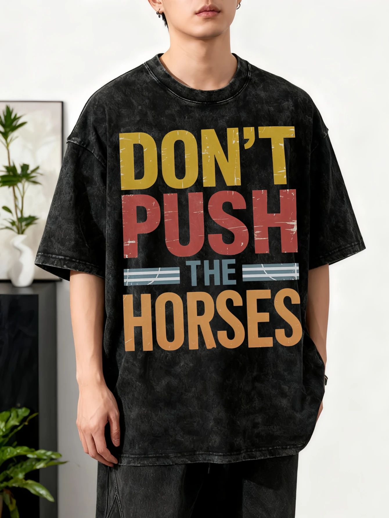 Summer Men's Casual Non-push-button Fun T-shirt 100% Cotton Washed Short Sleeve Loose Large Size Printed Retro Style Streetwear