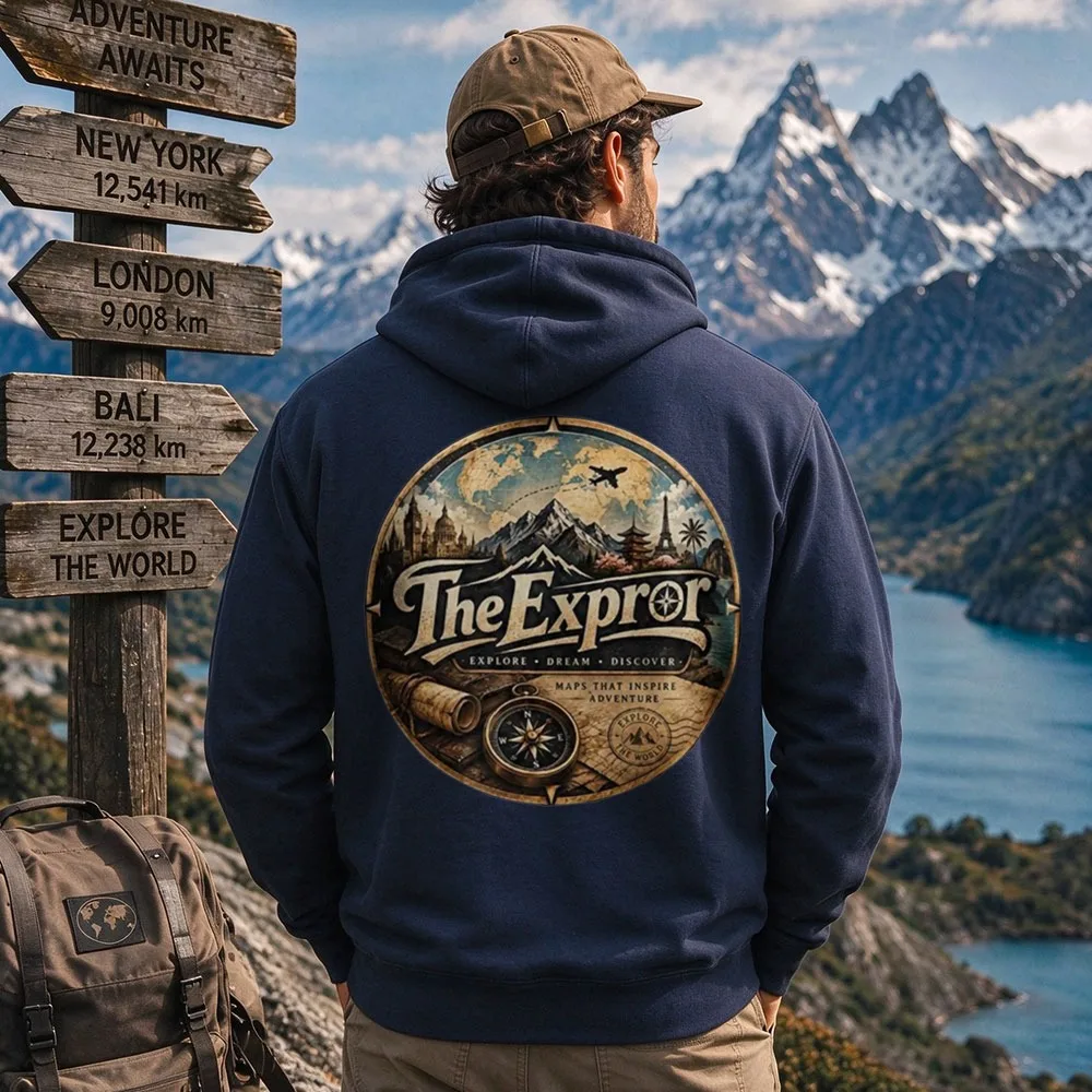 The Explorer Vintage World Map Graphic Hoodie Unisex Compass Travel Adventure Pullover Hooded Sweatshirt Wanderlust Outdoor Tops