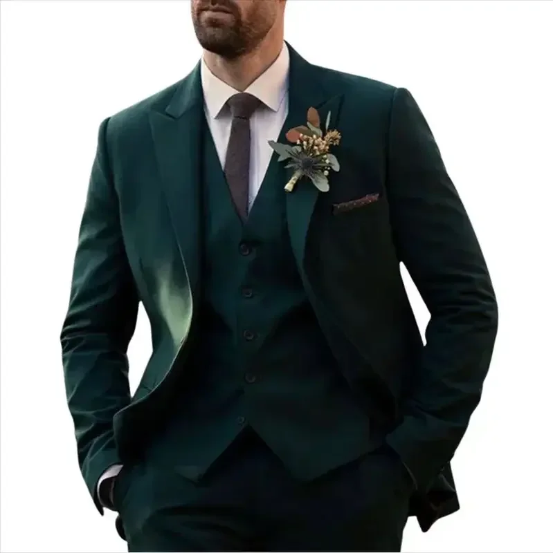 3 Pieces Peak Lapel Green 2024 Wedding Tuxedo For Men Formal Business Suits Slim Fit Set Groom Suit  (Jacket + Pants + Vest)