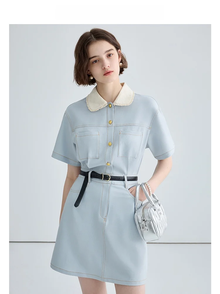 VEGA CHANG 여름 신상 슬레 여성용 티 브레이크 Dr Ele 슬리밍 햅번 슬레 인형 칼라 롱 Dr 레이디라이크 통근