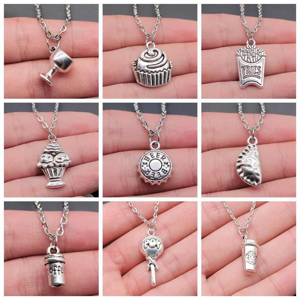 28 Styles Foodie Gift Jewelry Necklace Cupcake Birthday Cake Beer Wine Coffee Lollipop Pie Fries Ice Cream Cookie Necklace