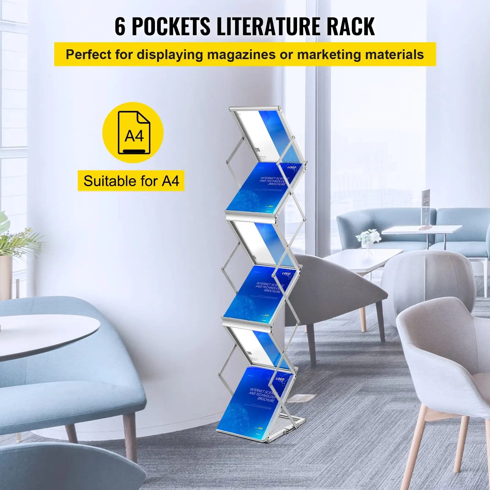 

Literature Rack, 6 Pockets, Pop Up Aluminum Magazine Rack, Lightweight Catalog Holder Stand W/Carrying Bag For Living Room,