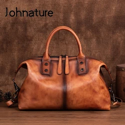 Johnature 2024 New Retro Women Bag Genuine Leather Lady Handbag Nature Soft Cowhide Hand Painted Large Capacity Shoulder Bags