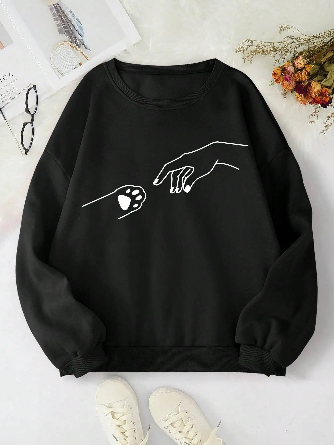 Simple Lines Dog Palm Printing Woman Sweatshirts Harajuku Casual Hoodies Fashion Loose Autumn Tops Street Fleece Female Hoody