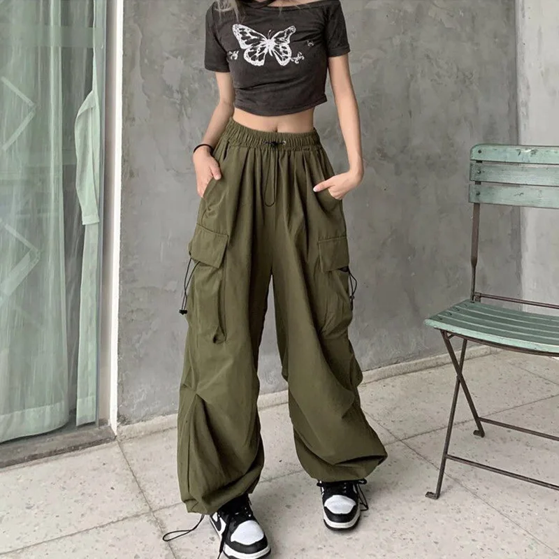 Streetwear Black Cargo Pants for Women Baggy Outdoor Workout Joggers Pants Combat Military Trousers Y2k Sweatpant with Pockets