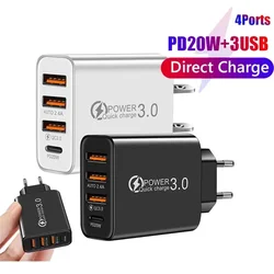 USB Wall Charger Block 4 Port PD QC Fast Power Adapter Type C Charging Plug for iPhone iPad Samsung Google Tablet Android