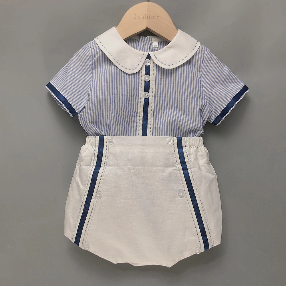 Children Boutique Clothing Summer Boys Girls Short Sleeves Blue Stripes Cotton Navy Set Spanish Clothes Eid Siblings Outfit